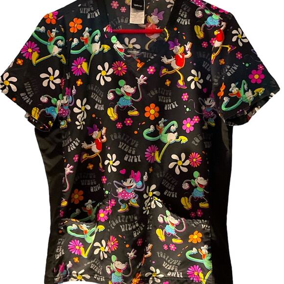 EUC Disney Positive Vibes Print SS pockets side slit Sz L scrub top - Picture 1 of 4